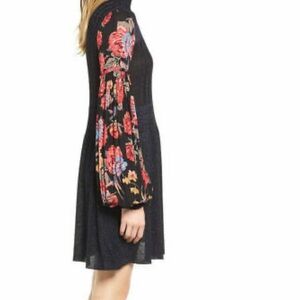 Free People Boho Knee-Length Ruched A-Line Dress with Long Bishop Sleeves